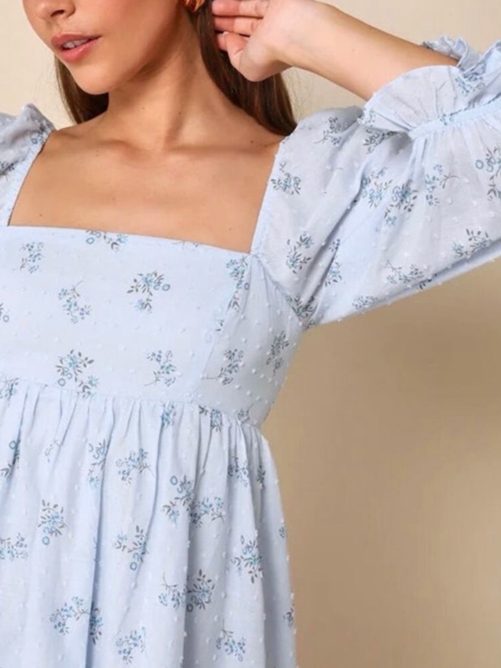Lulus Always Charming Light Blue Floral Swiss Dot Babydoll Mini Dress Large - Picture 2 of 6